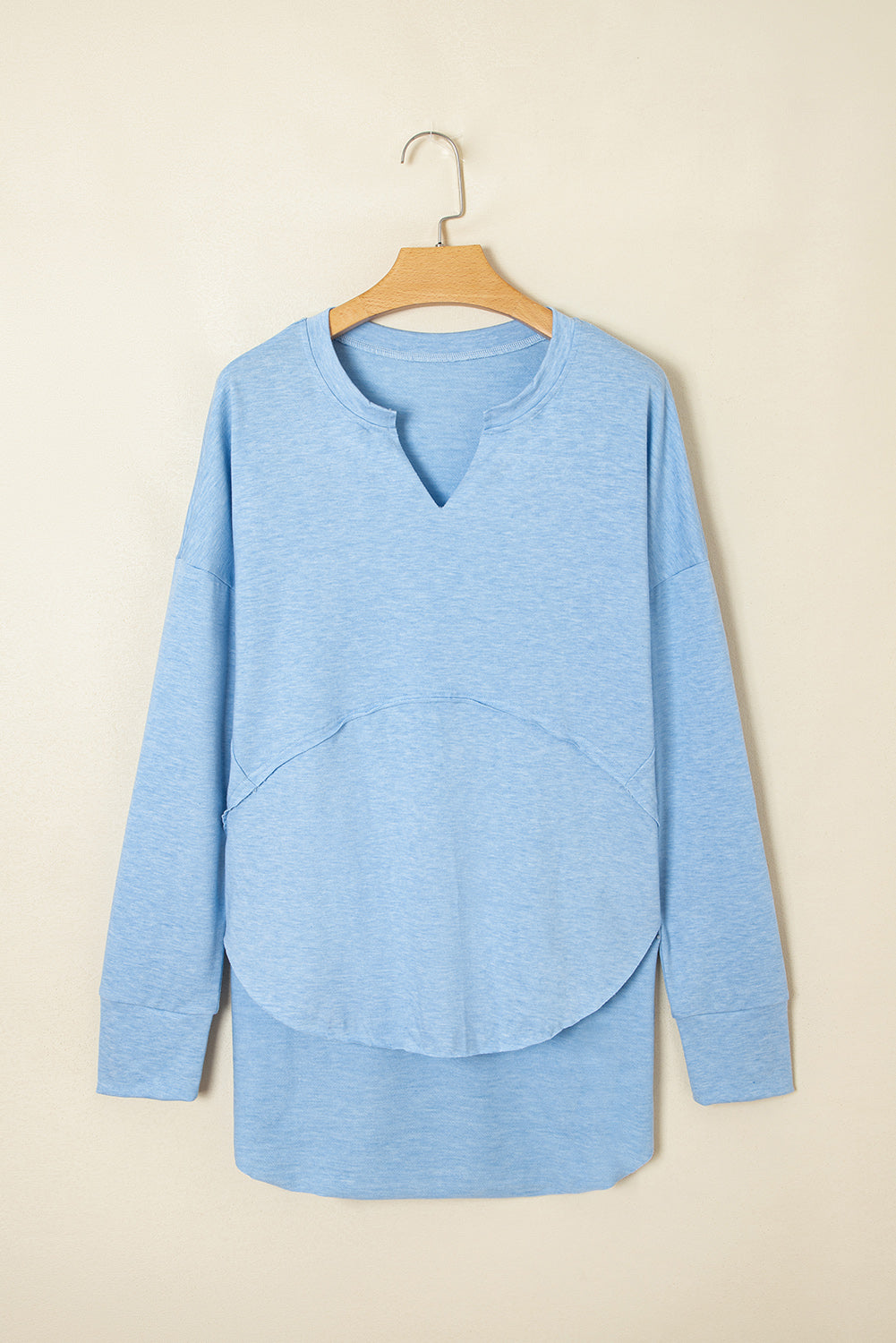 Solid V-Neck Raw Hem Long Sleeve Top