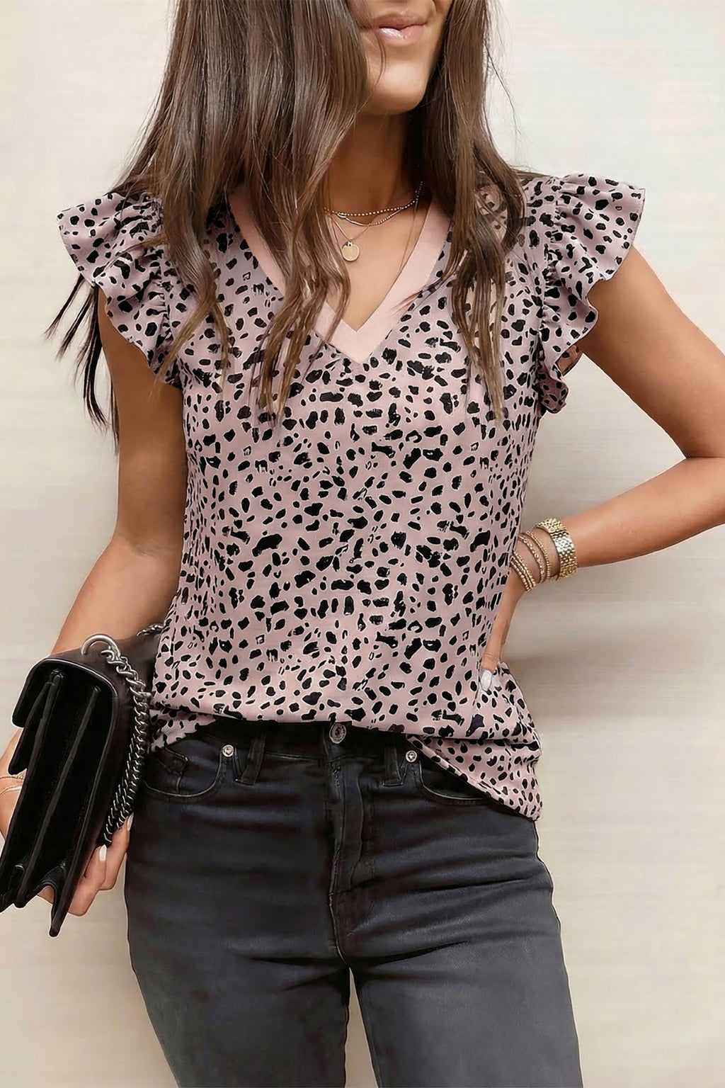 Black Cheetah Print V Neck Ruffle Trim Loose Tank Top