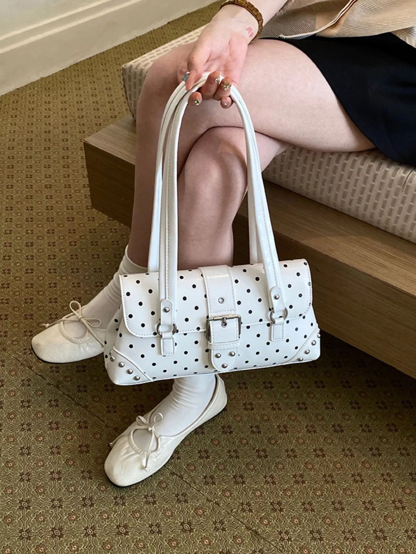 Polka Dot Studded Shoulder Bag