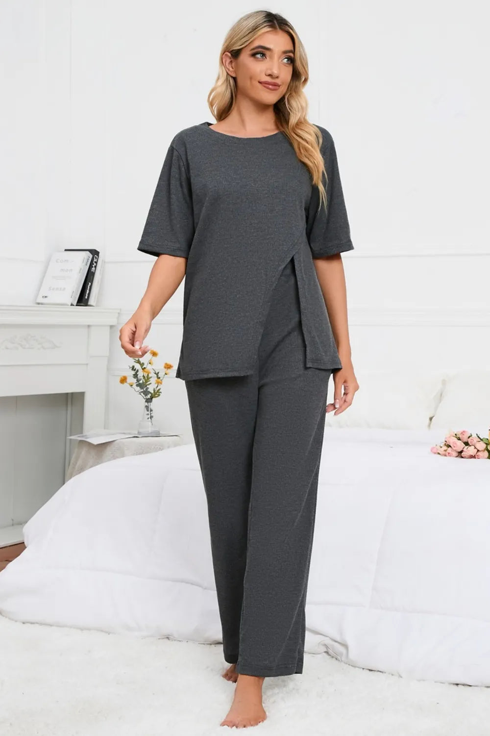 Split Front Short Sleeve Top and Pants Lounge Set