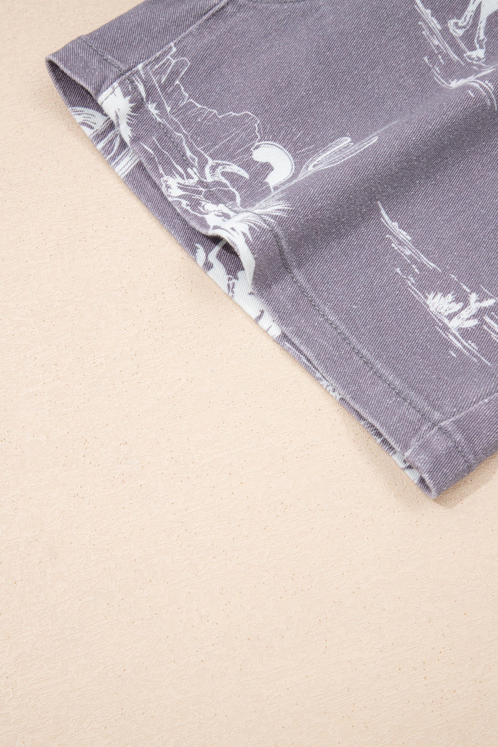 Gray Western Print Elastic Waist Cotton Denim Shorts