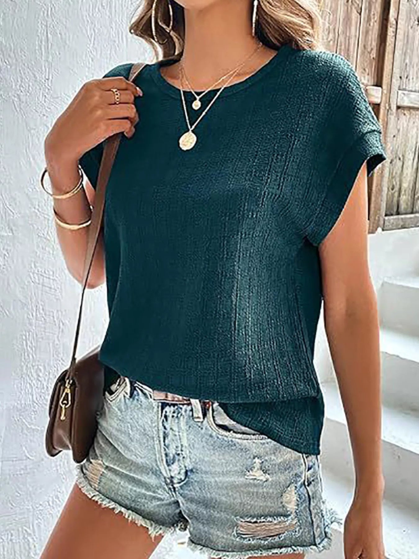 Textured Round Neck Short Sleeve Top