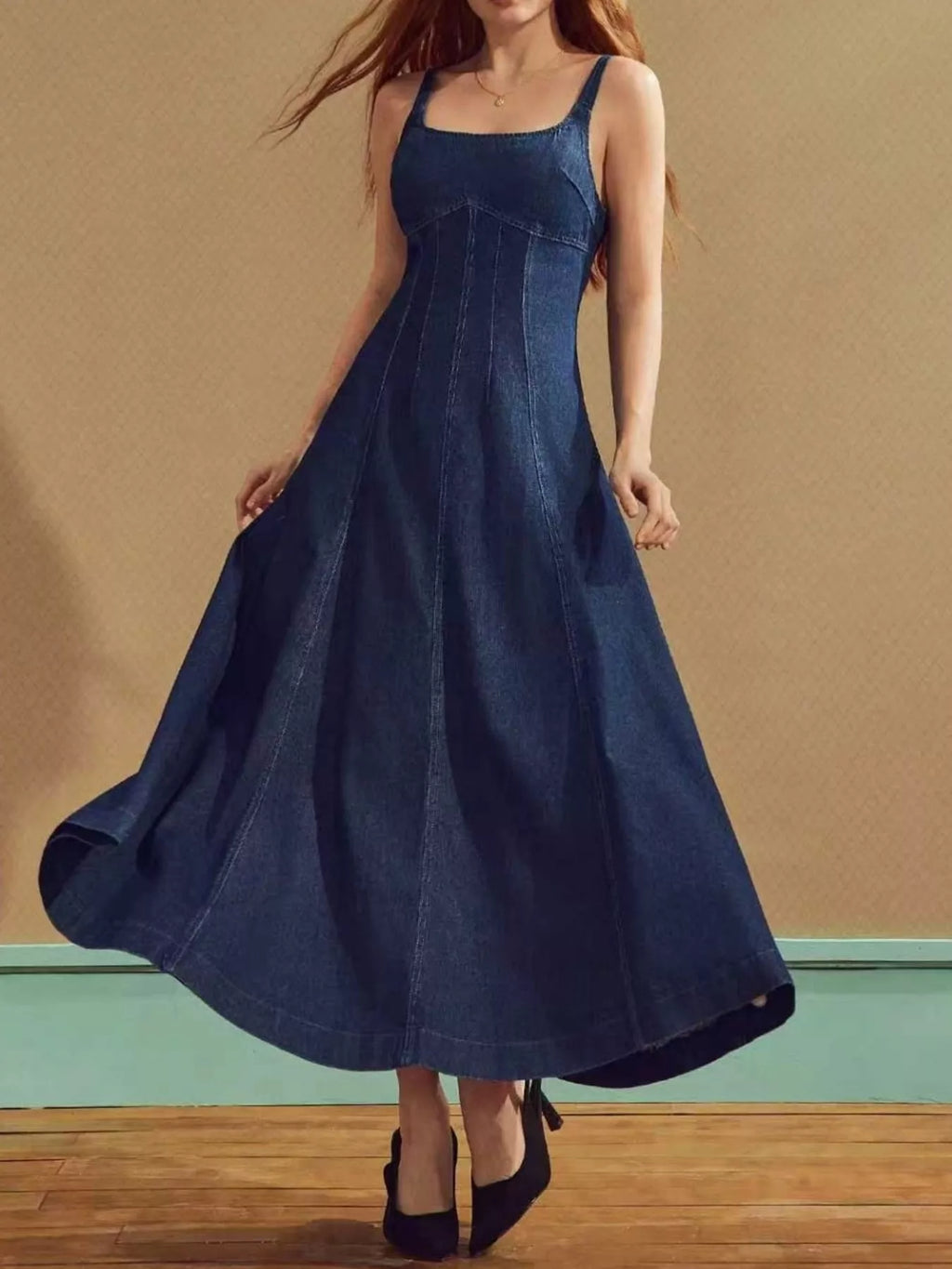 Square Neck A-Line Denim Dress