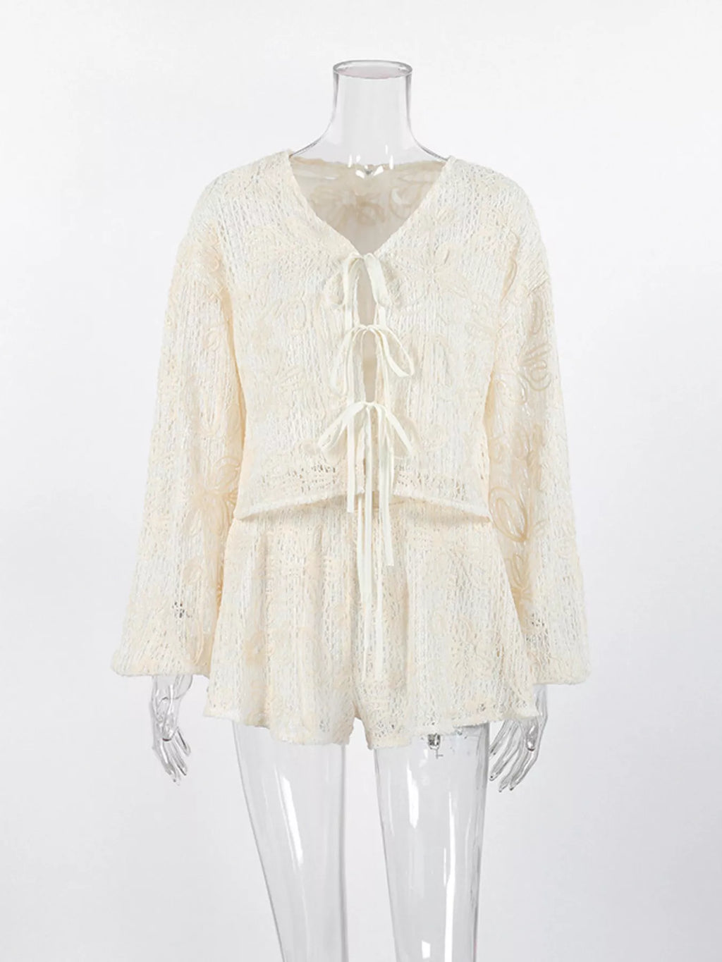 Lace Crochet Tie Front Top and Shorts Two-Piece Lounge Set