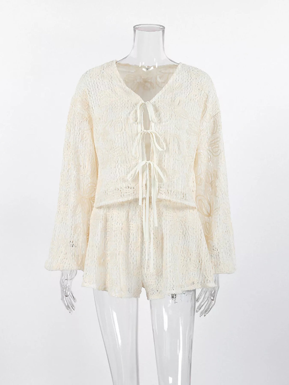 Lace Crochet Tie Front Top and Shorts Two-Piece Lounge Set