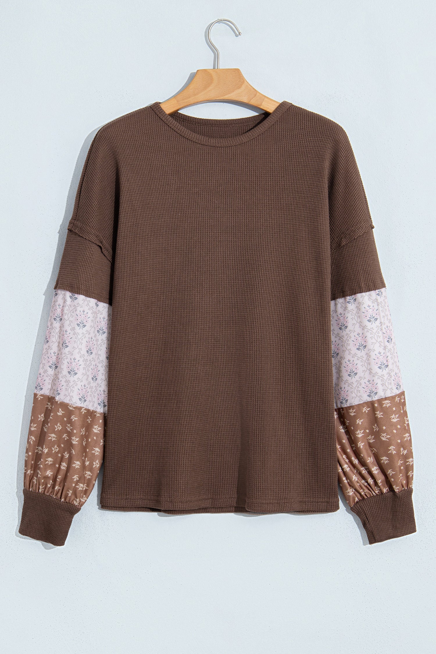 Coffee Floral Print Colorblock Long Sleeve Textured Loose Pullover Tunic Top