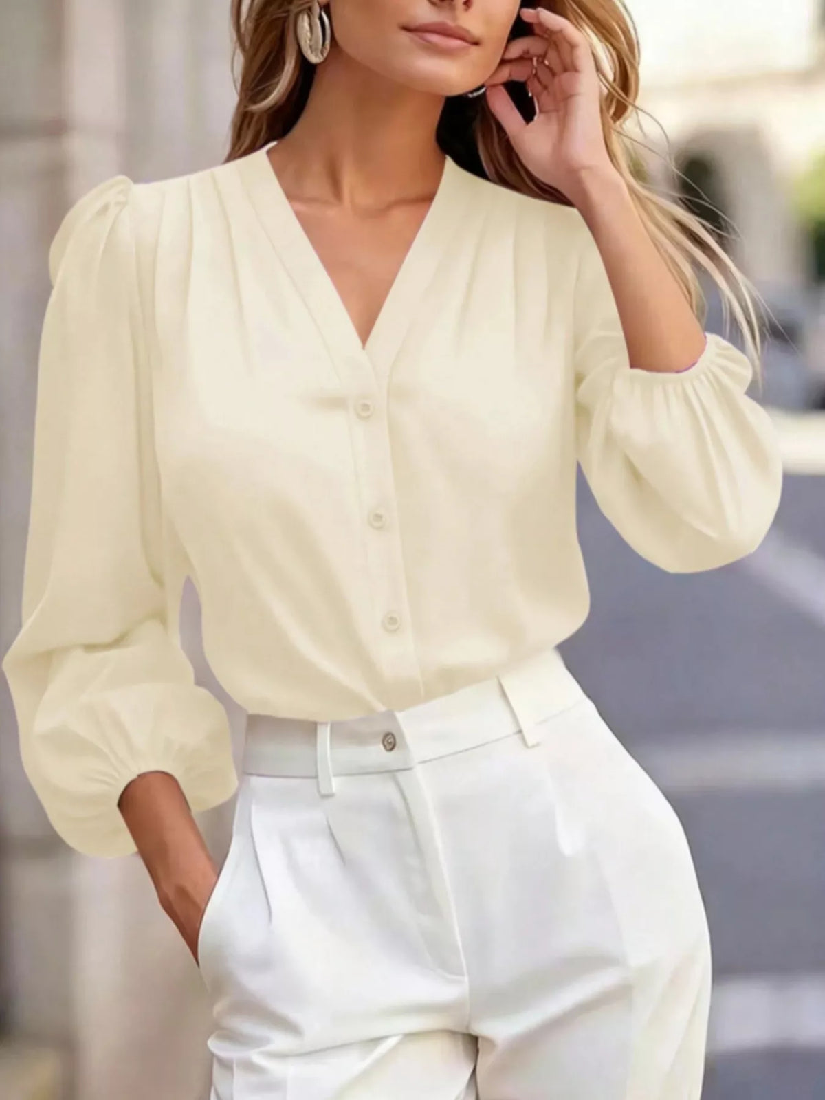 Elegant V-Neck Puff Sleeve Button-Down Shirt