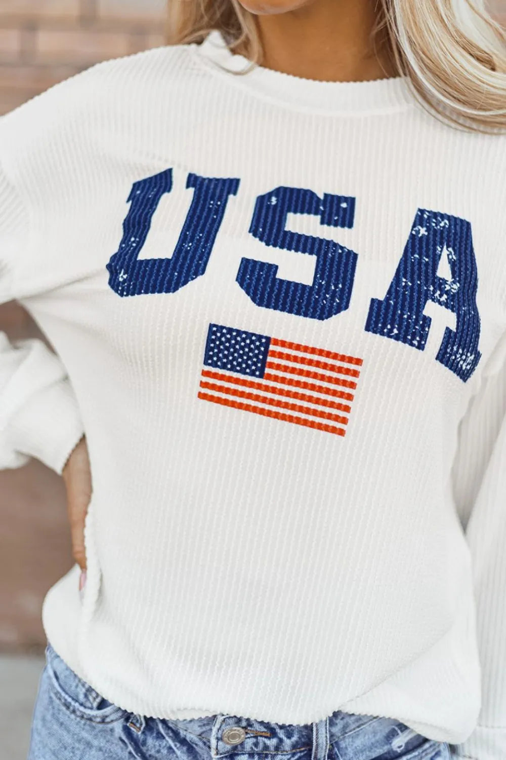 US Flag Corded Texture Long Sleeve Sweatshirt