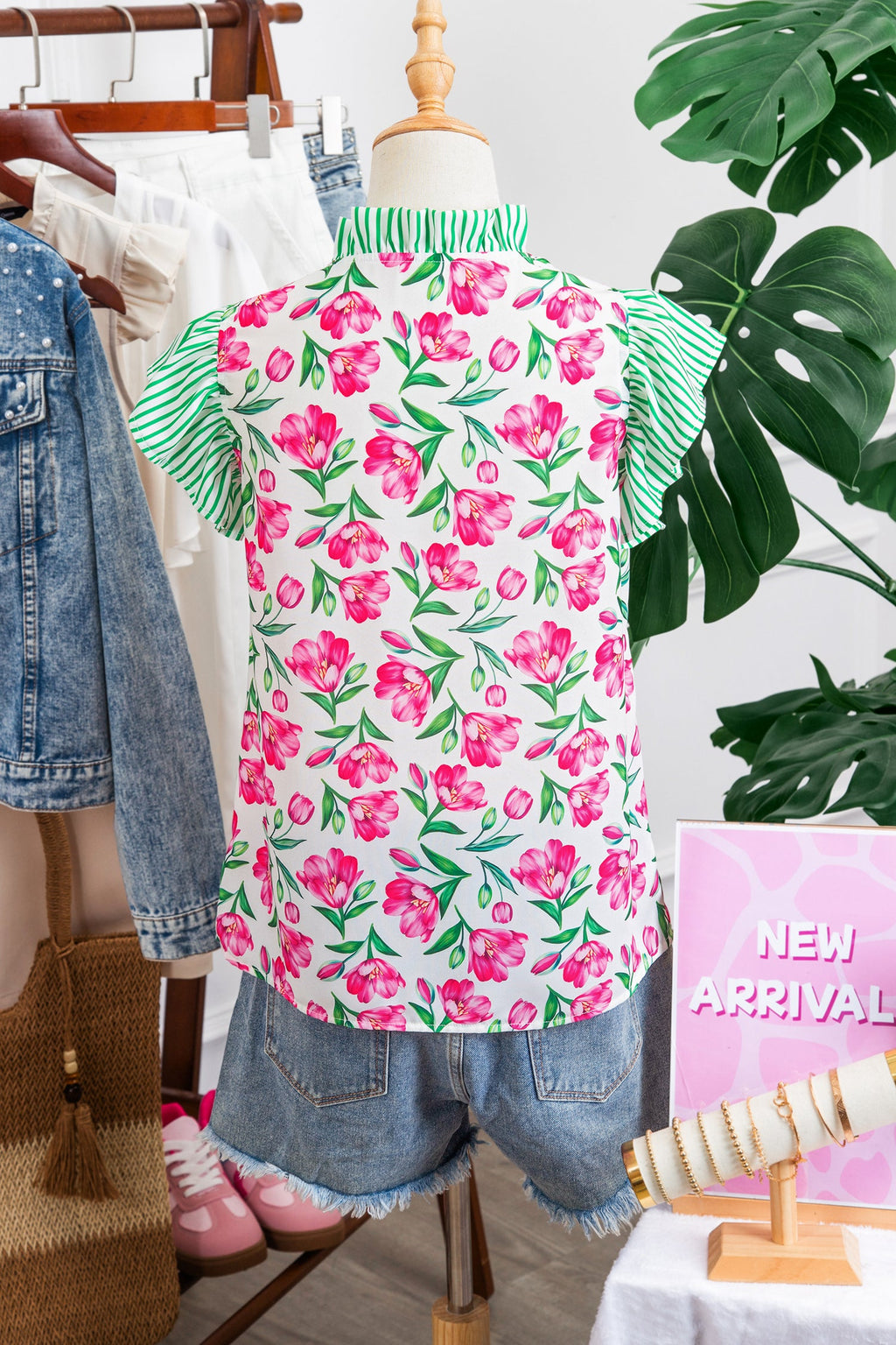 Multicolour Sweet Floral Print Striped Ruffle Trim V Neck Blouse