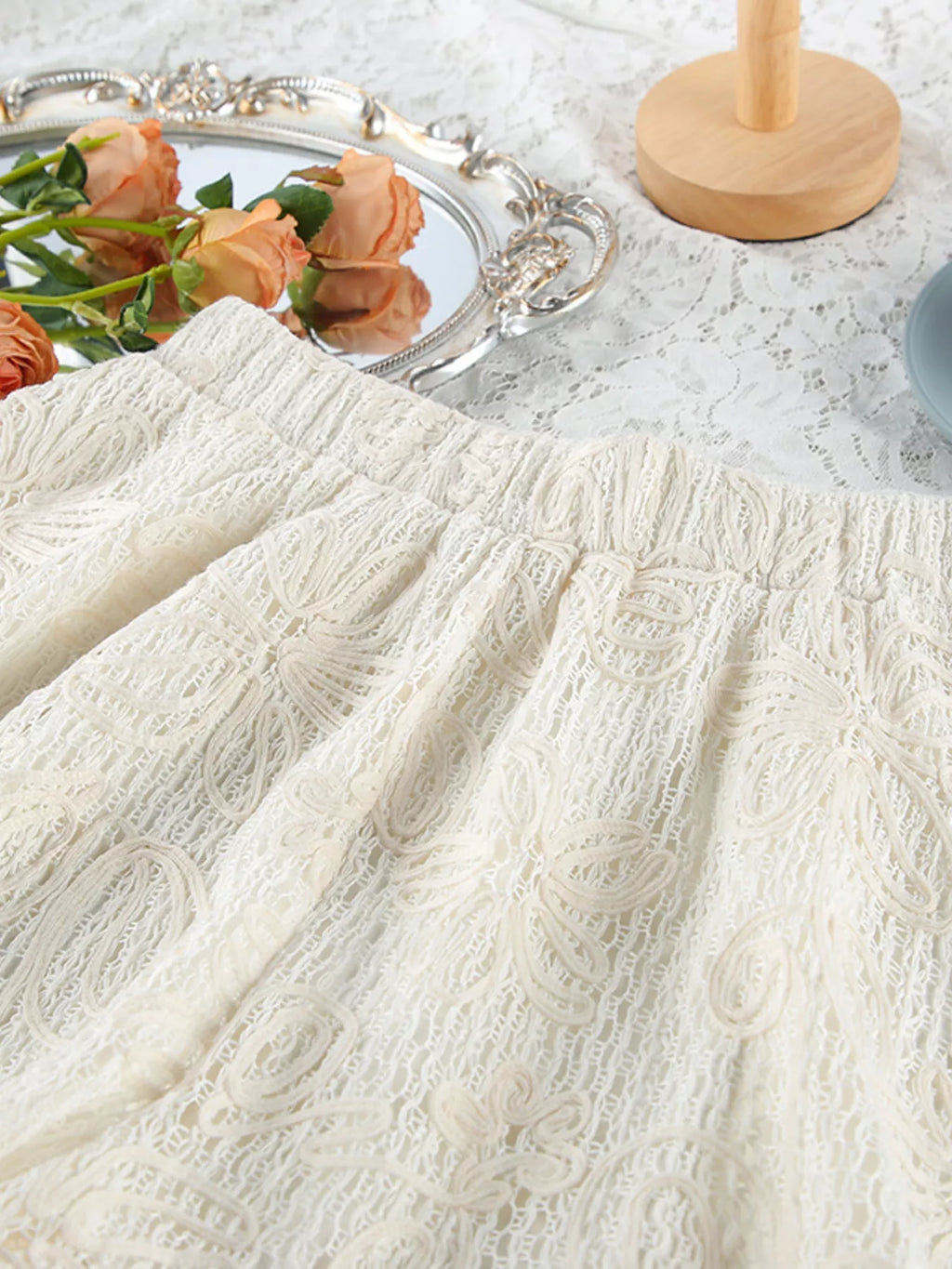 Lace Crochet Tie Front Top and Shorts Two-Piece Lounge Set
