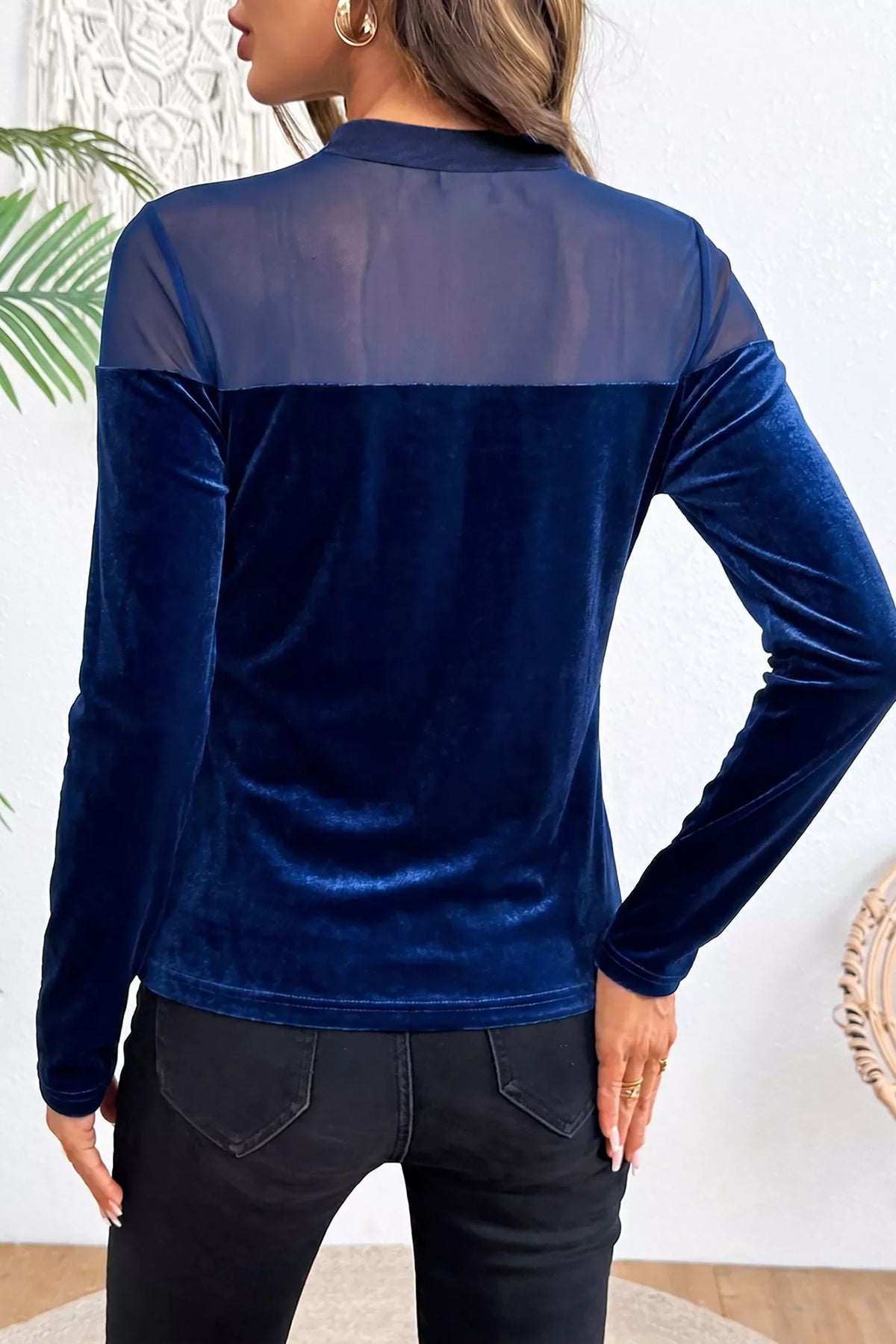 Velvet Long Sleeve Sheer Neck Patchwork Casual Top
