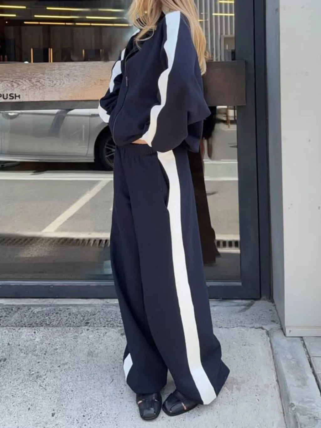 Contrast Side Stripe Zip Up Top and Pants Set