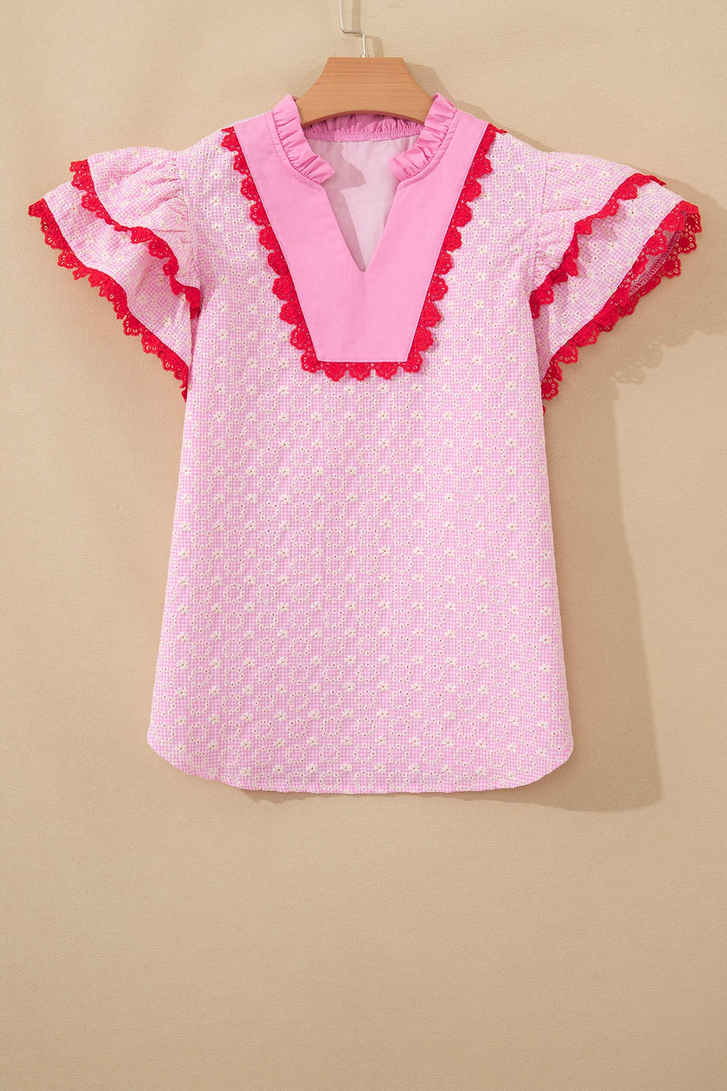 Pink Eyelet Embroidered Flower Texture Contrast Lace Trim Flutter Sleeve Blouse