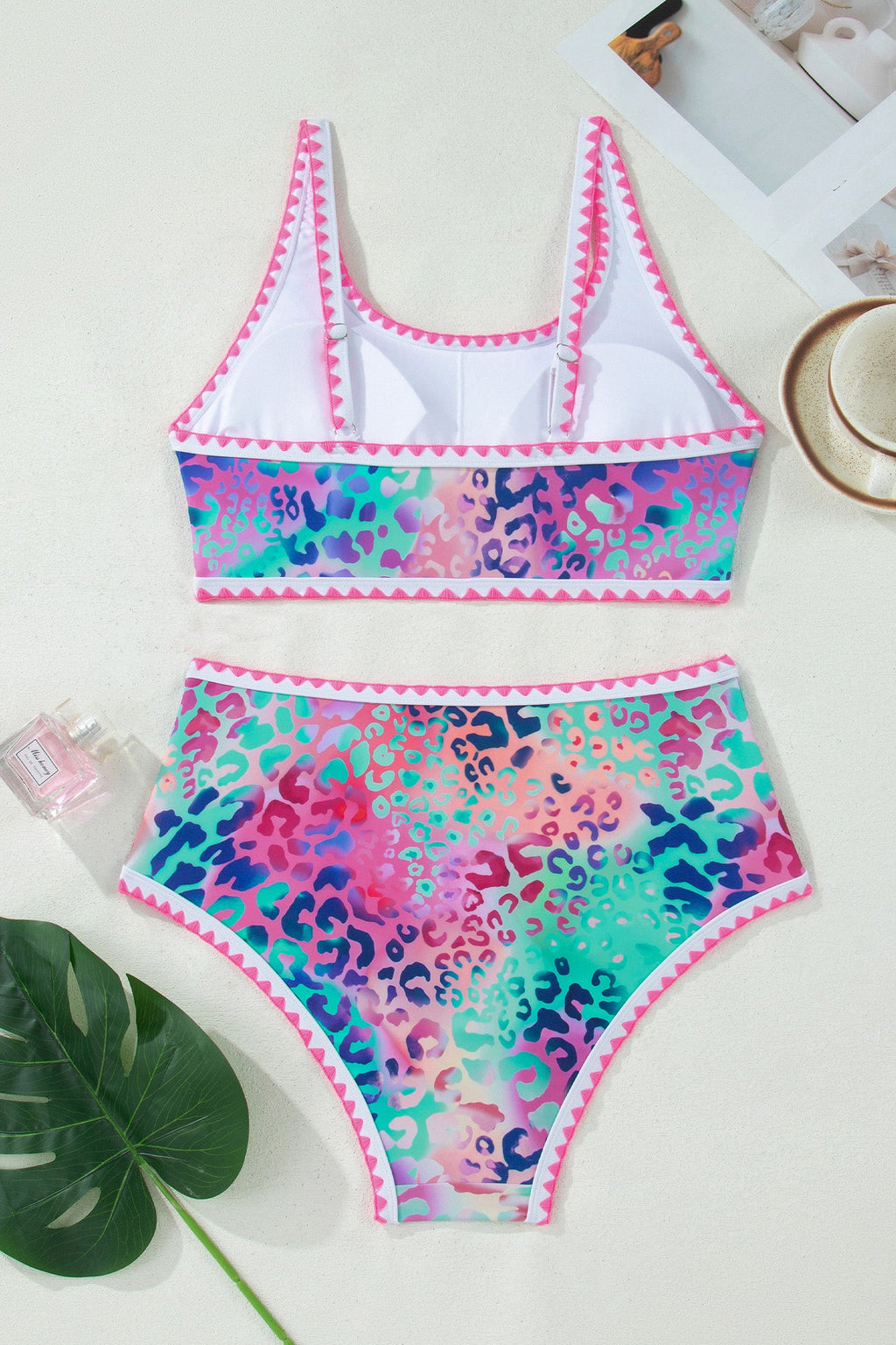 Pink Leopard Ricrac Trim Square Neck High Waist Bikinich
