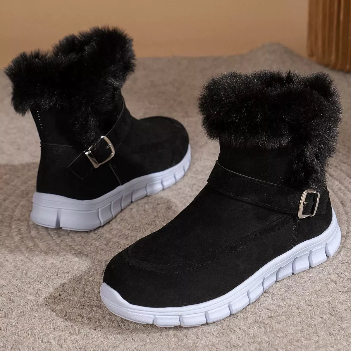 Fuzzy Trim Buckle Boots