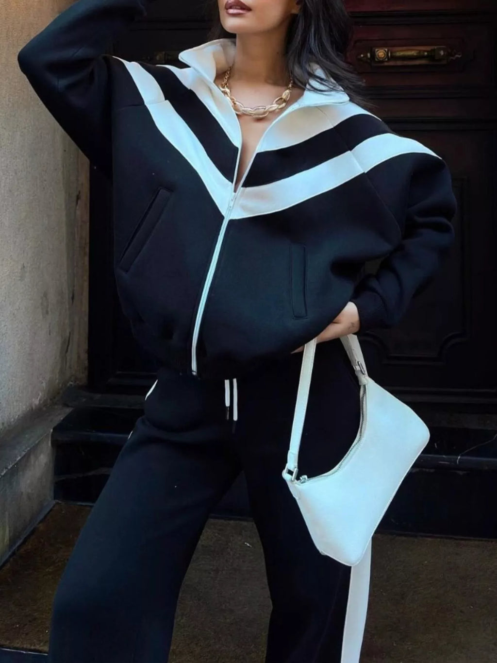Color Block Zip-Up Outerwear and Pants Set