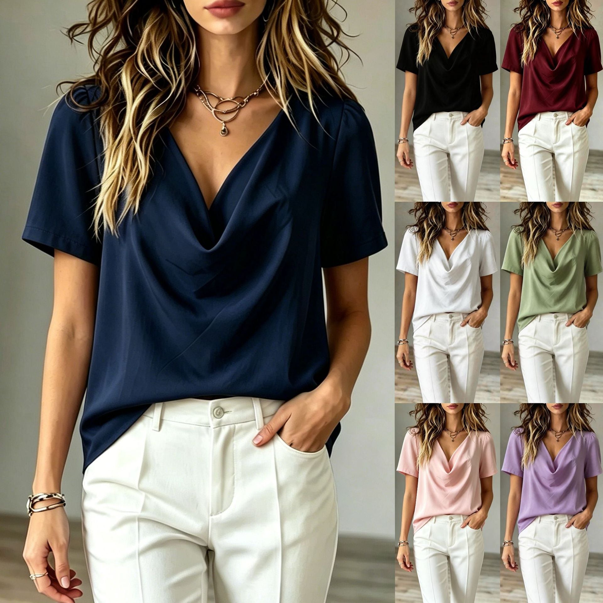 Womens V-neck Short-sleeve Loose-fit T-shirt Top