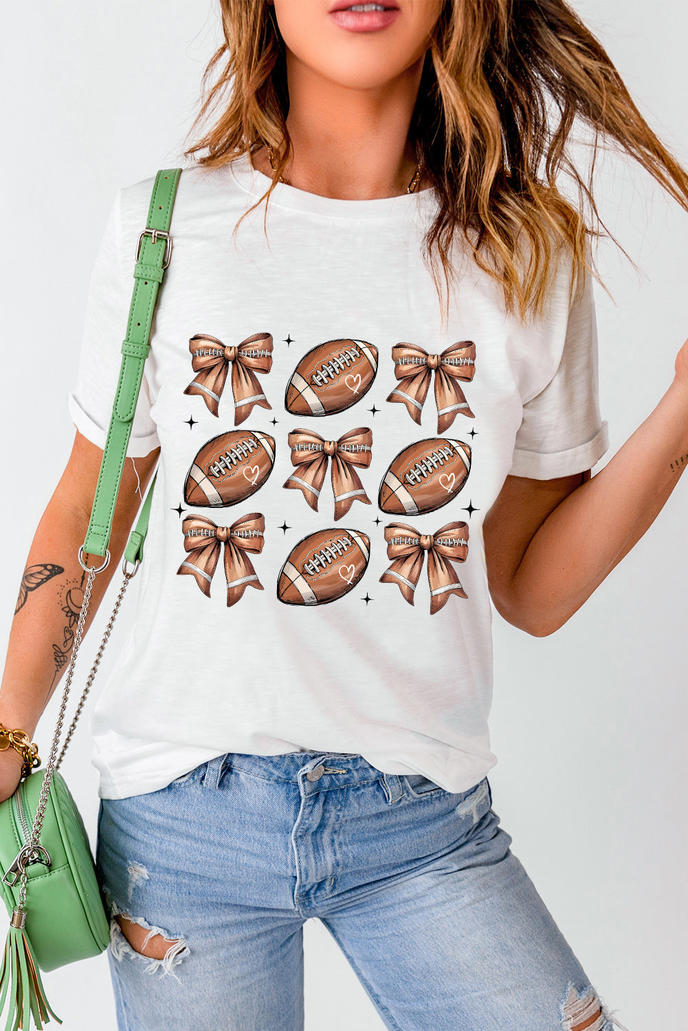White Football Fashion Bow Print Cotton Blend T Shirt