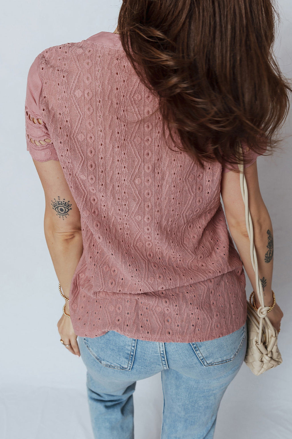 Eyelet Textured Half-Button Short Sleeve Blouse