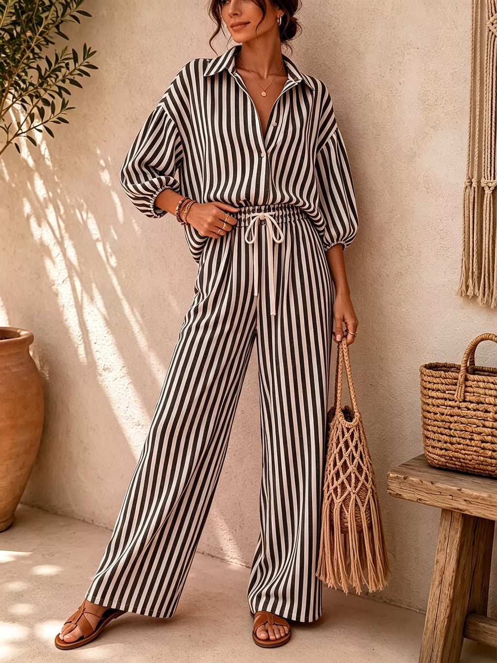 Striped Collared Shirt and Wide-Leg Drawstring Pants Set