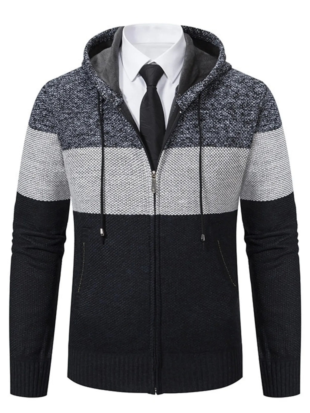 Men's Plus Size Color Block Hooded Zip-Up Cardigan