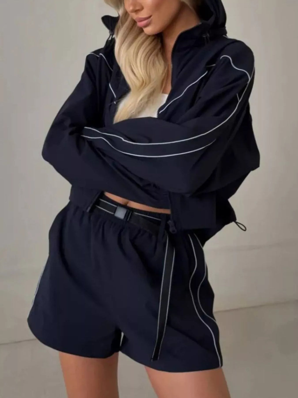 Drawstring Zip-Up Jacket and Shorts Set