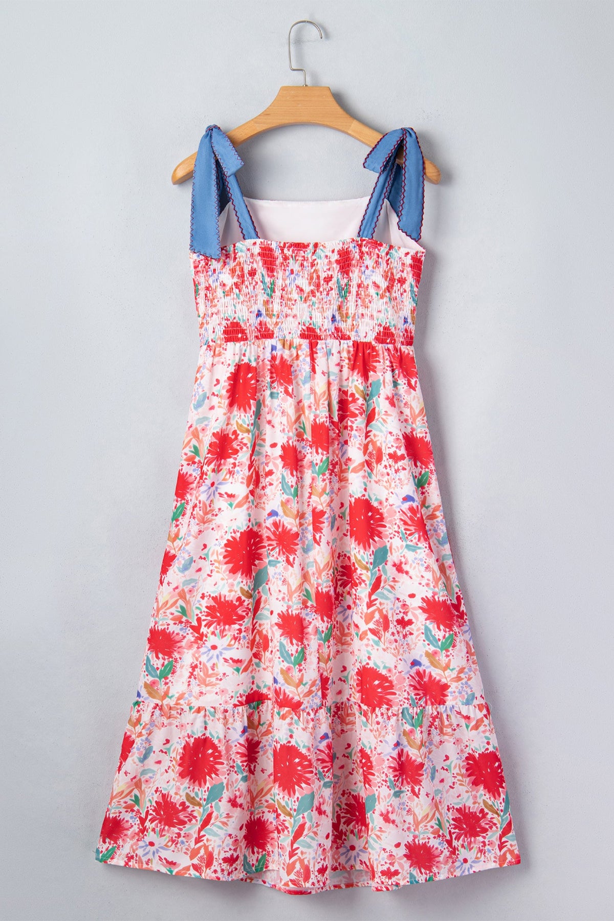 Floral Denim Tie Strap High Waist Maxi Dress