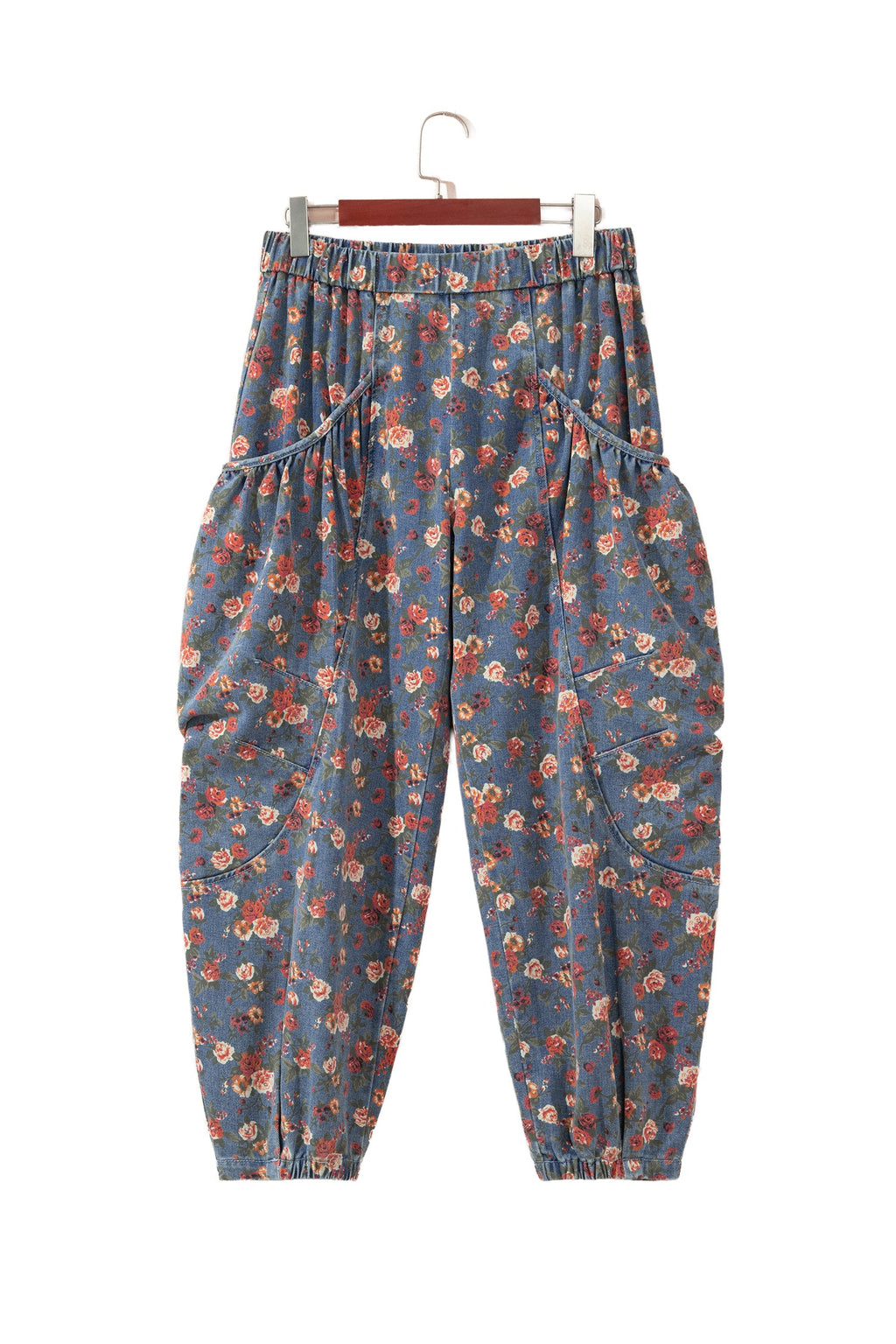 Beau Blue Retro Floral Print Elastic Waist Pocketed Barrel Jeans