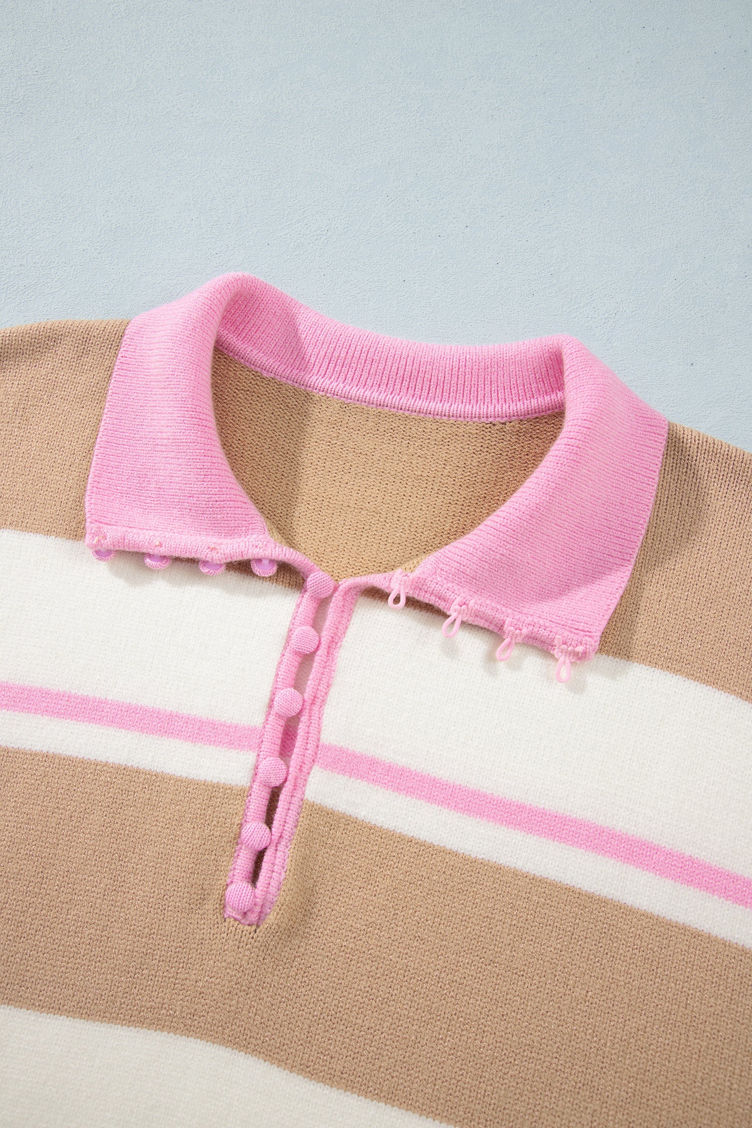 Khaki Stripe Striped Drop Shoulder Button Placket Long Sleeve Sweater