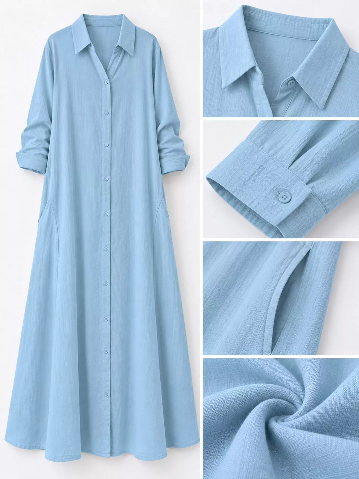 Full Size Button Front Long Sleeve Maxi Shirt Dress Plus Size