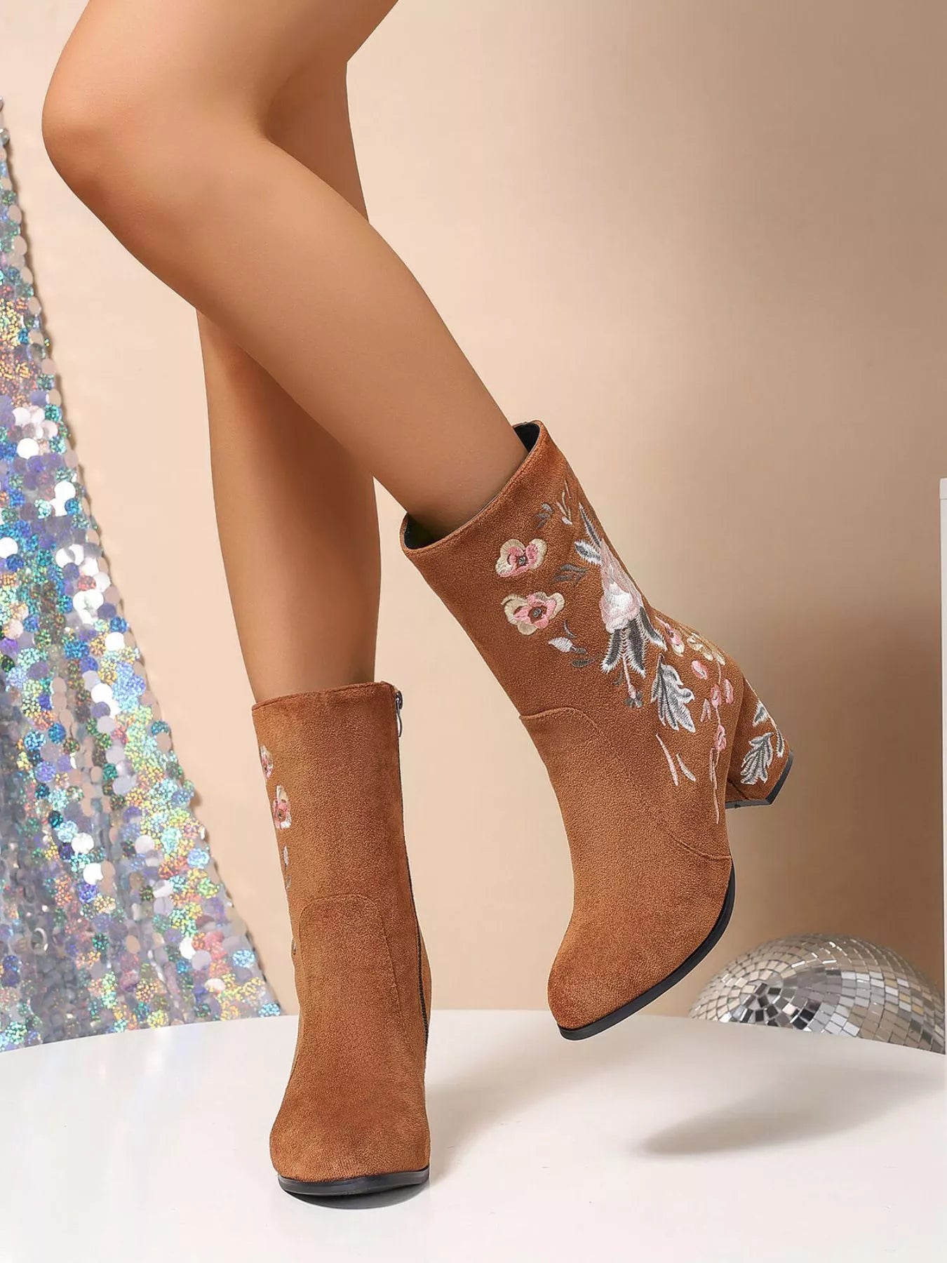 Floral Embroidered Block Heel Boots
