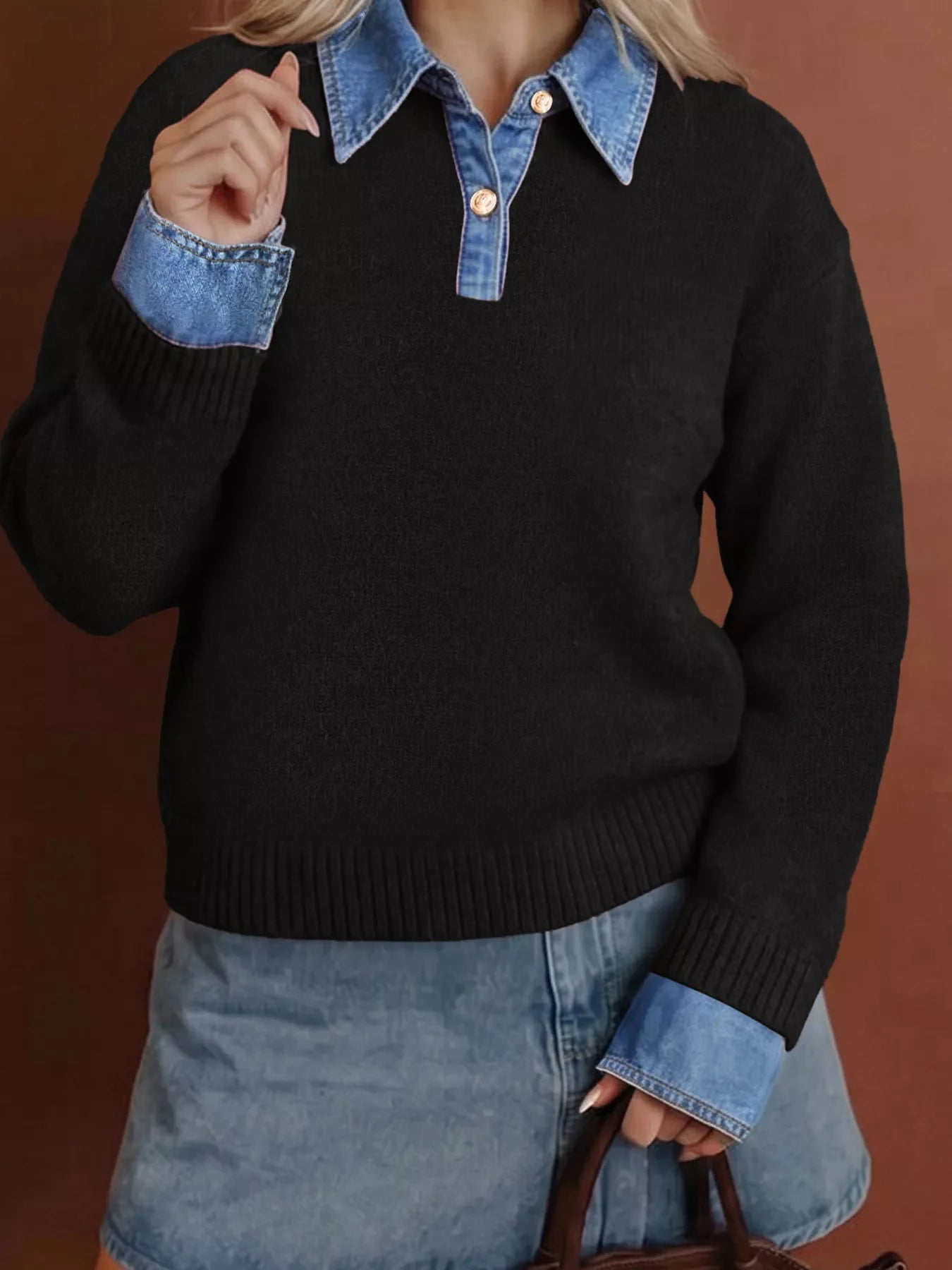 Denim Patchwork Collar Cuffed Casual Sweater
