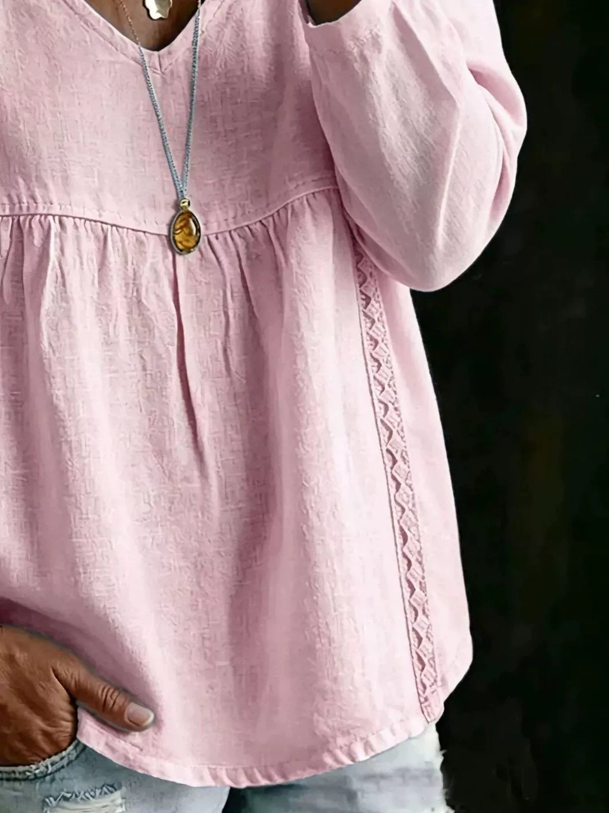 Full Size V-Neck Lace Trimmed Long Sleeve Blouse Plus Size