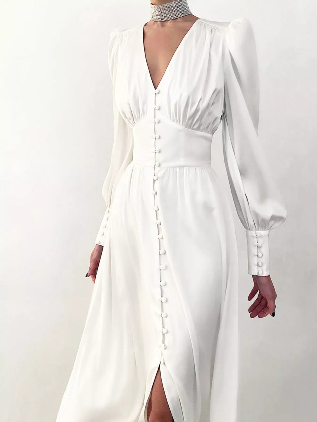 Elegant V-Neck Puff Sleeve Button-Down Midi Dress