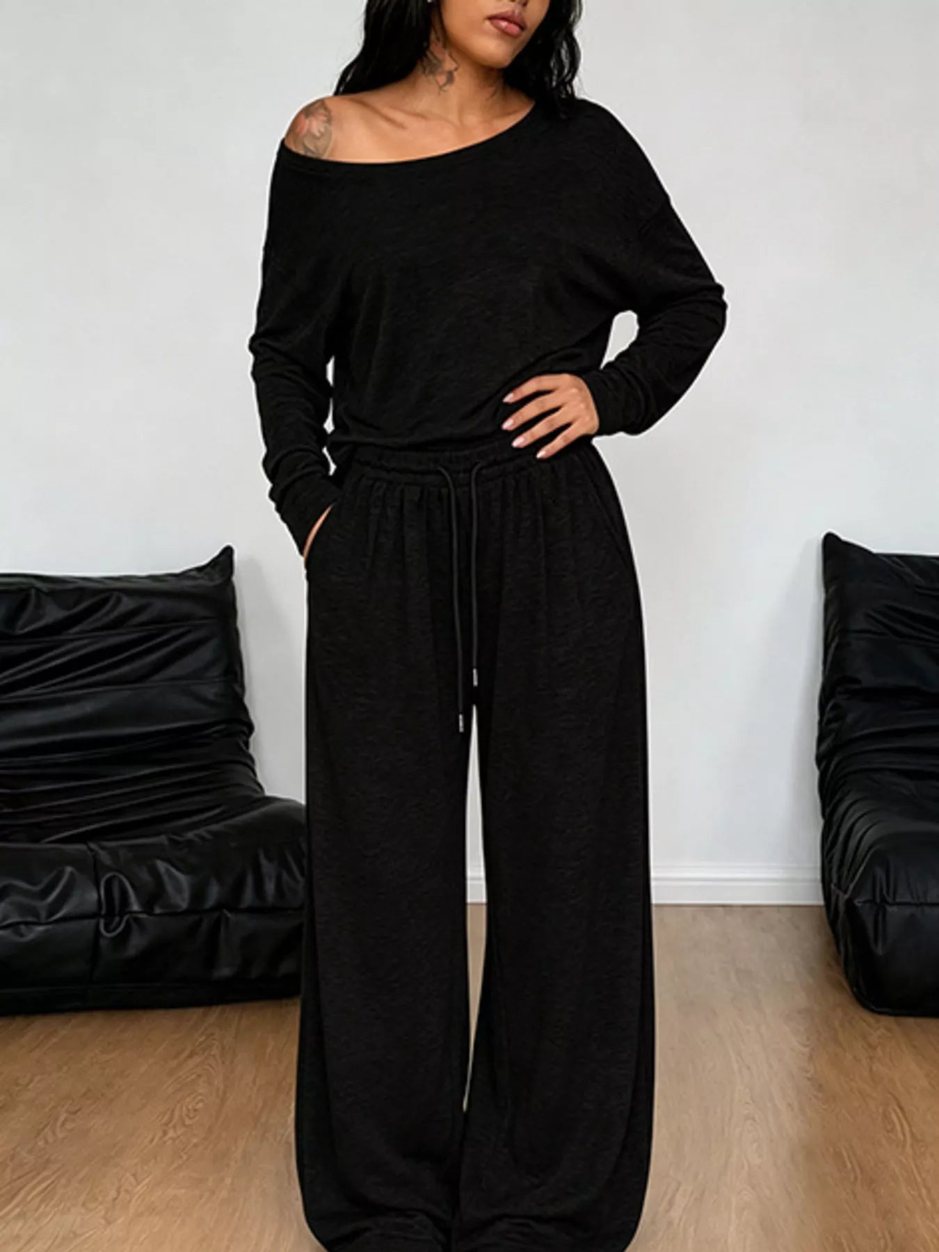 Full Size One-Shoulder Top and Drawstring Pants Set Plus Size