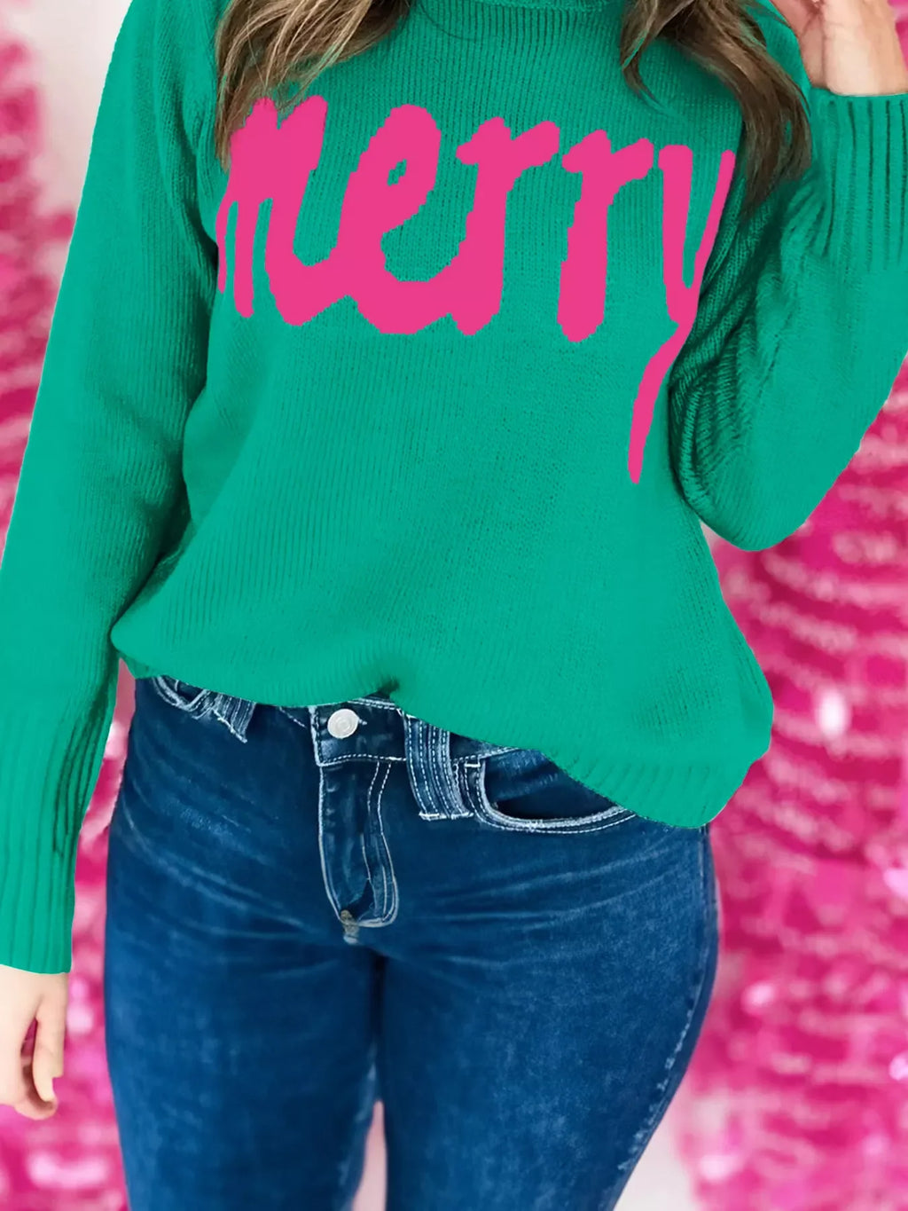 Merry Print Ribbed Trim Round Neck Loose Fit Sweater