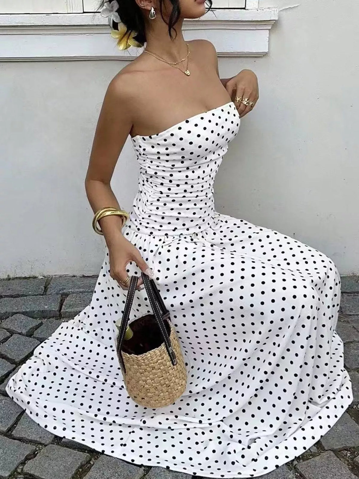Strapless Polka Dot Ruched Maxi Dress