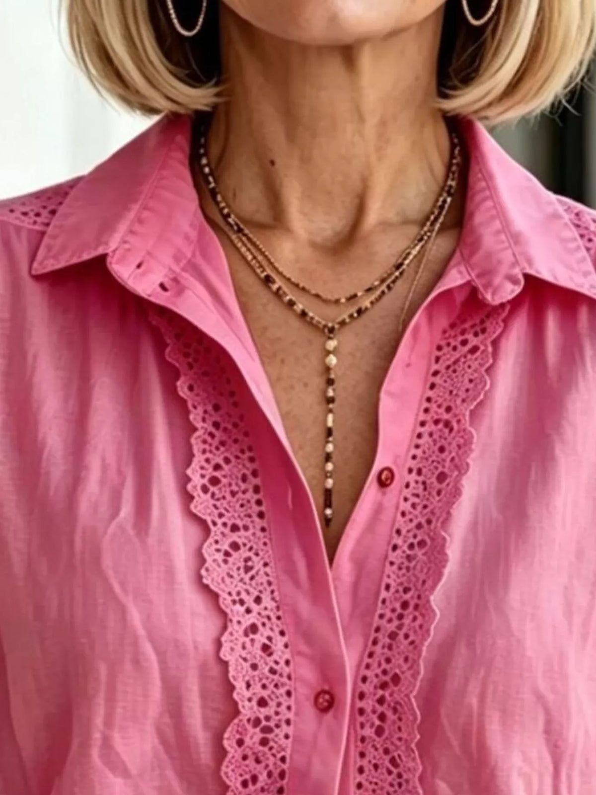 Lace-Trimmed Short Sleeve Button-Down Shirt