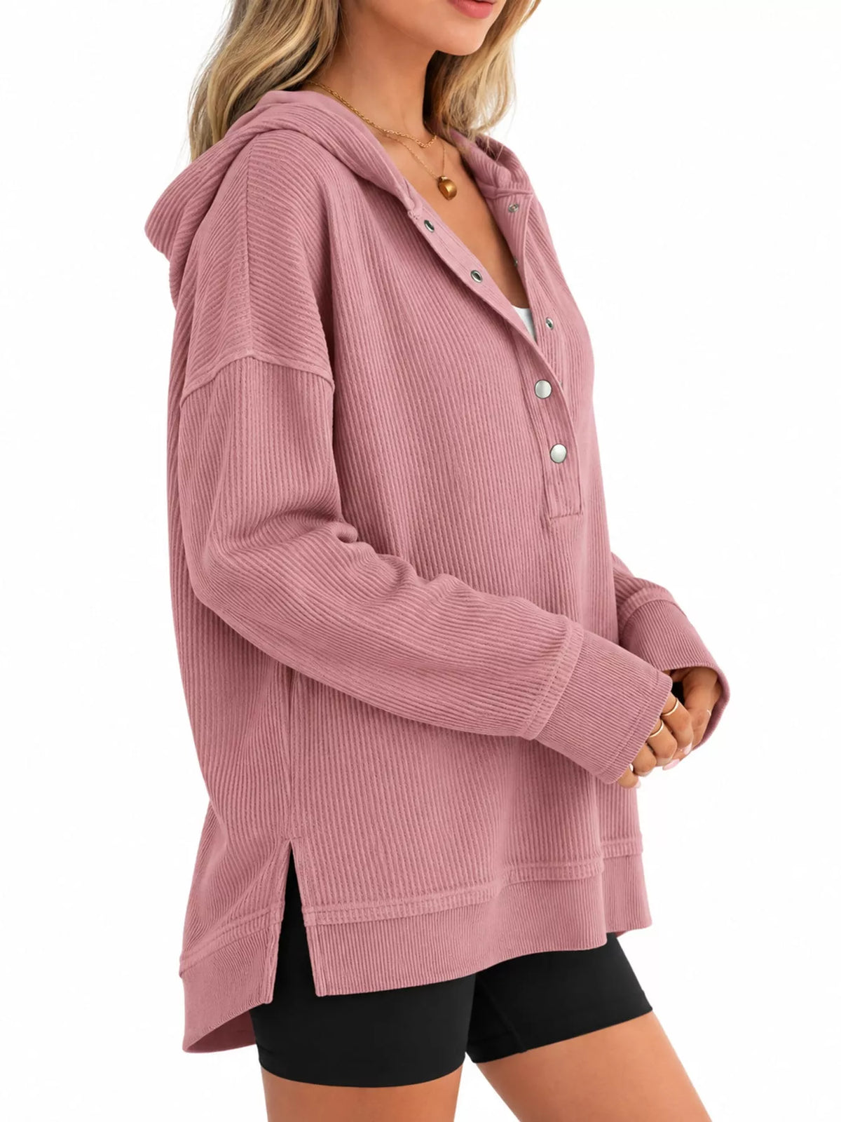 Full Size Snap Button Placket Dropped Shoulder Hoodie Plus Size