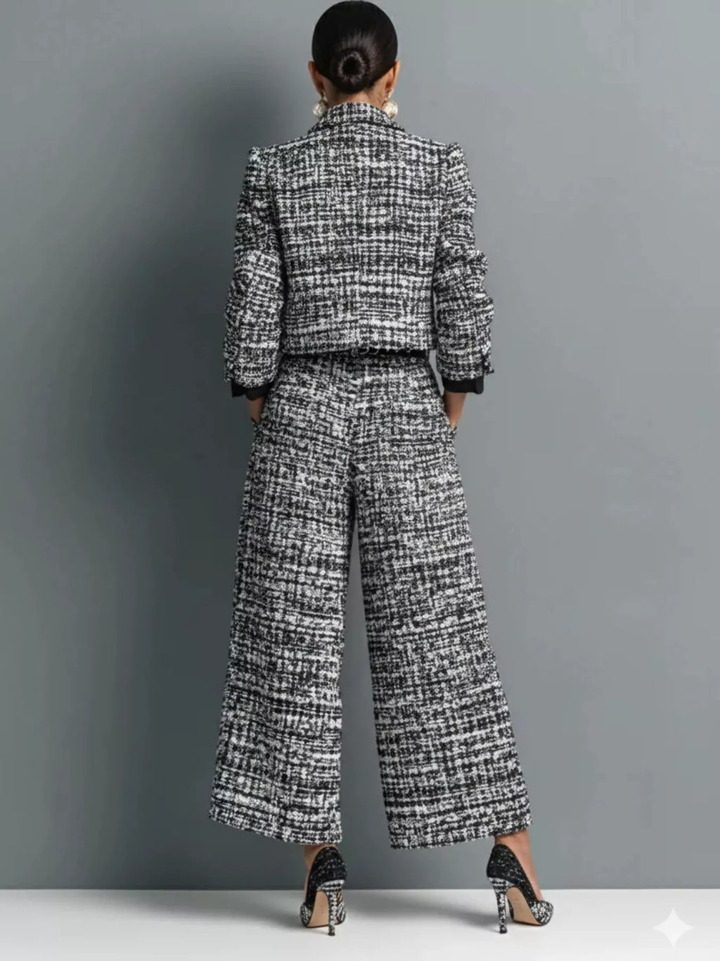 Tweed Cropped Jacket and Wide-Leg Pants Set