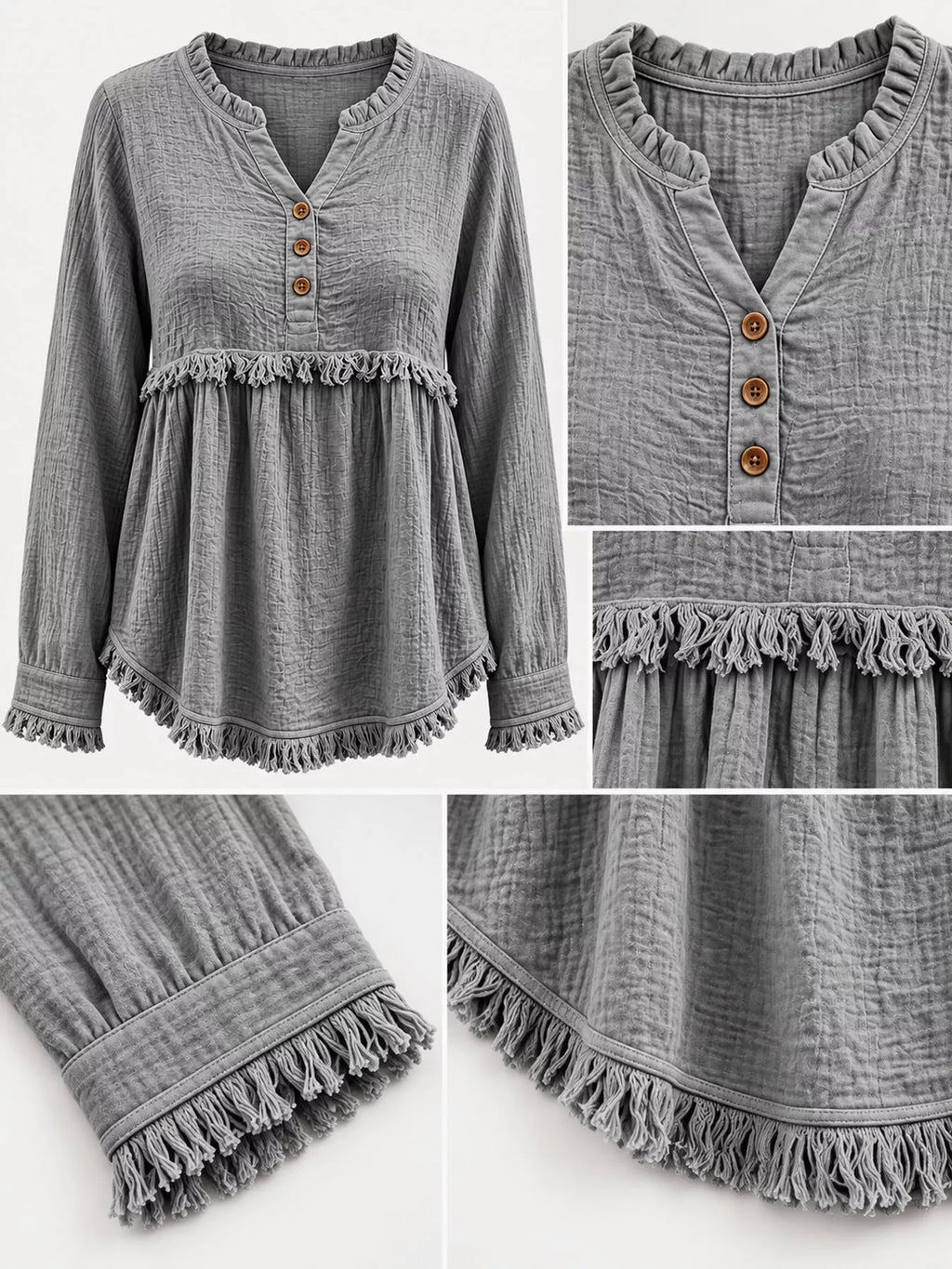 Full Size Frayed Hem Button Detail Blouse Plus Size