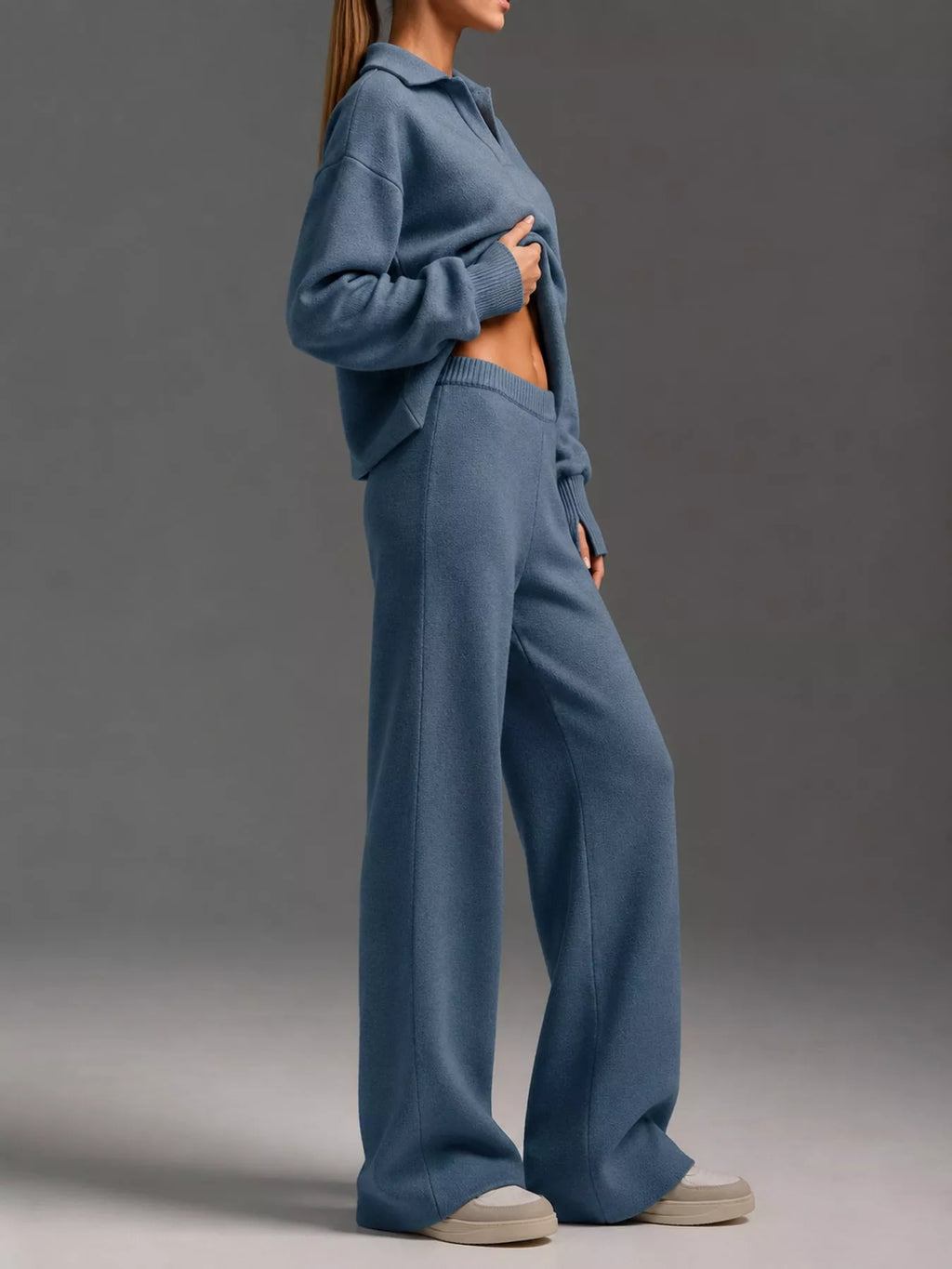 Polo Collar Top and Wide-Leg Pants Set