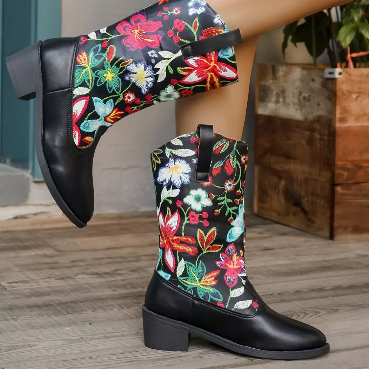 Floral Block Heel Boots