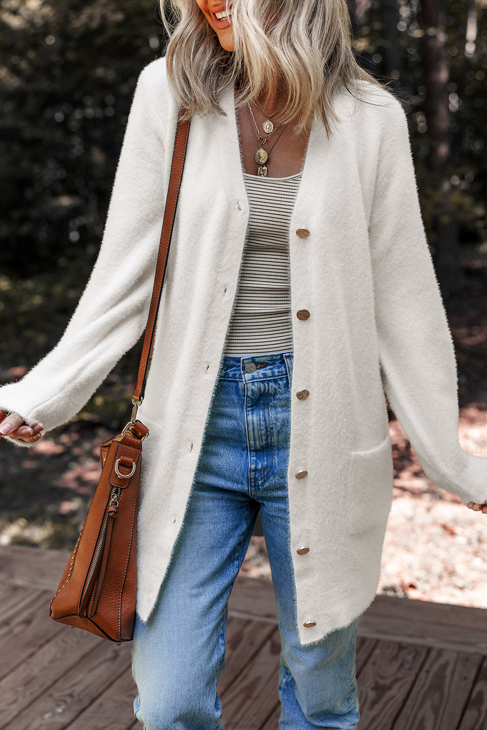 Solid Fuzzy Button-Front Cardigan