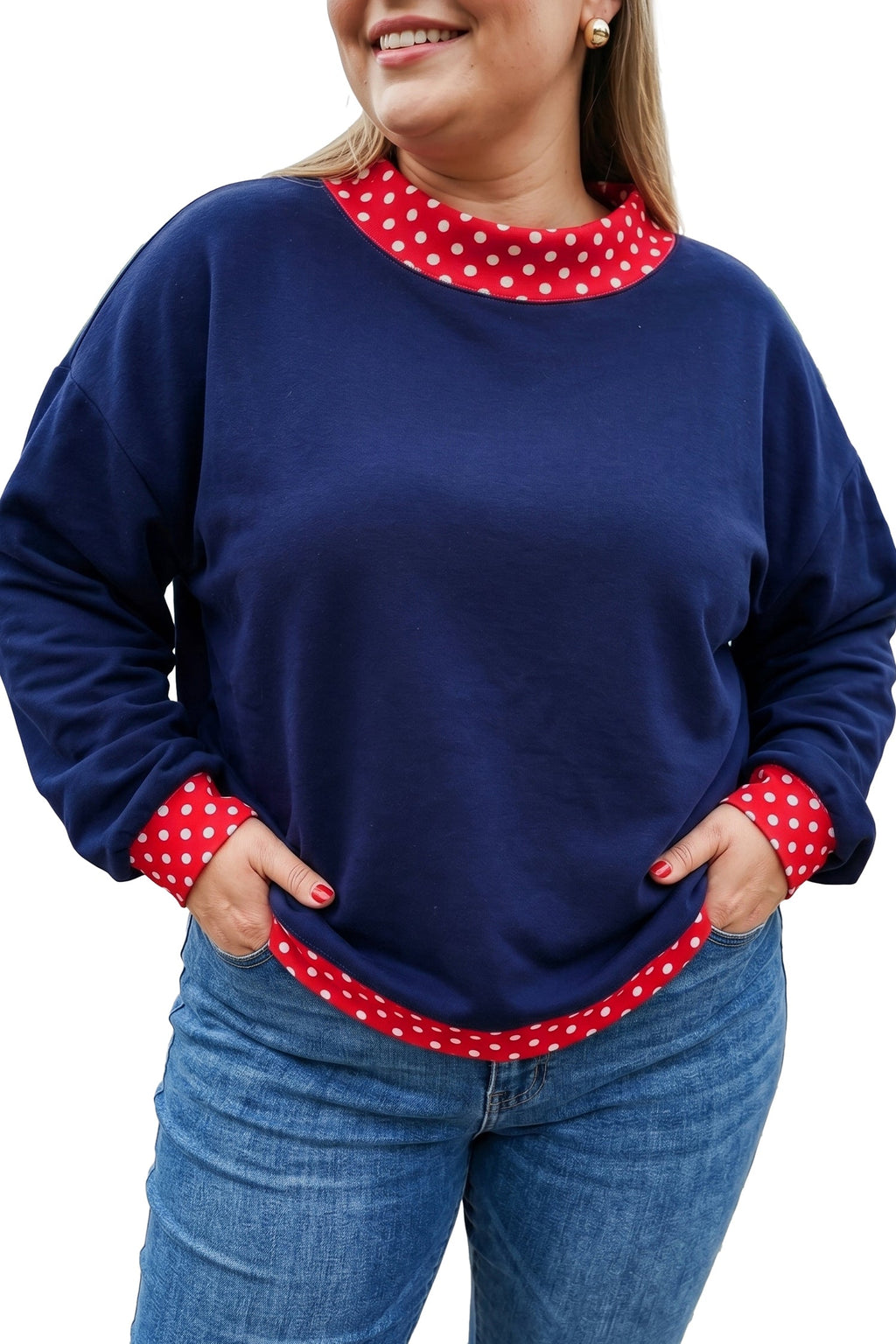 Orange Polka Dot Patchwork Round Neck Plus Size Sweatshirt