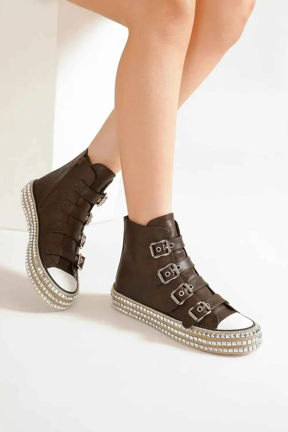 Punk-Inspired Multi-Buckle Studded Platform Sneakers