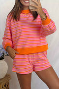 Stripe Color Block Trim Long Sleeve Pullover Pocketed Shorts 2pcs Set