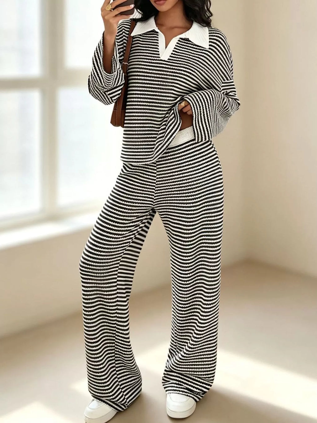 Striped Long Sleeve Polo and Wide-Leg Pants Set