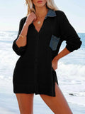 Side Slit Openwork Collared Neck 3/4 Sleeve Cover-Up