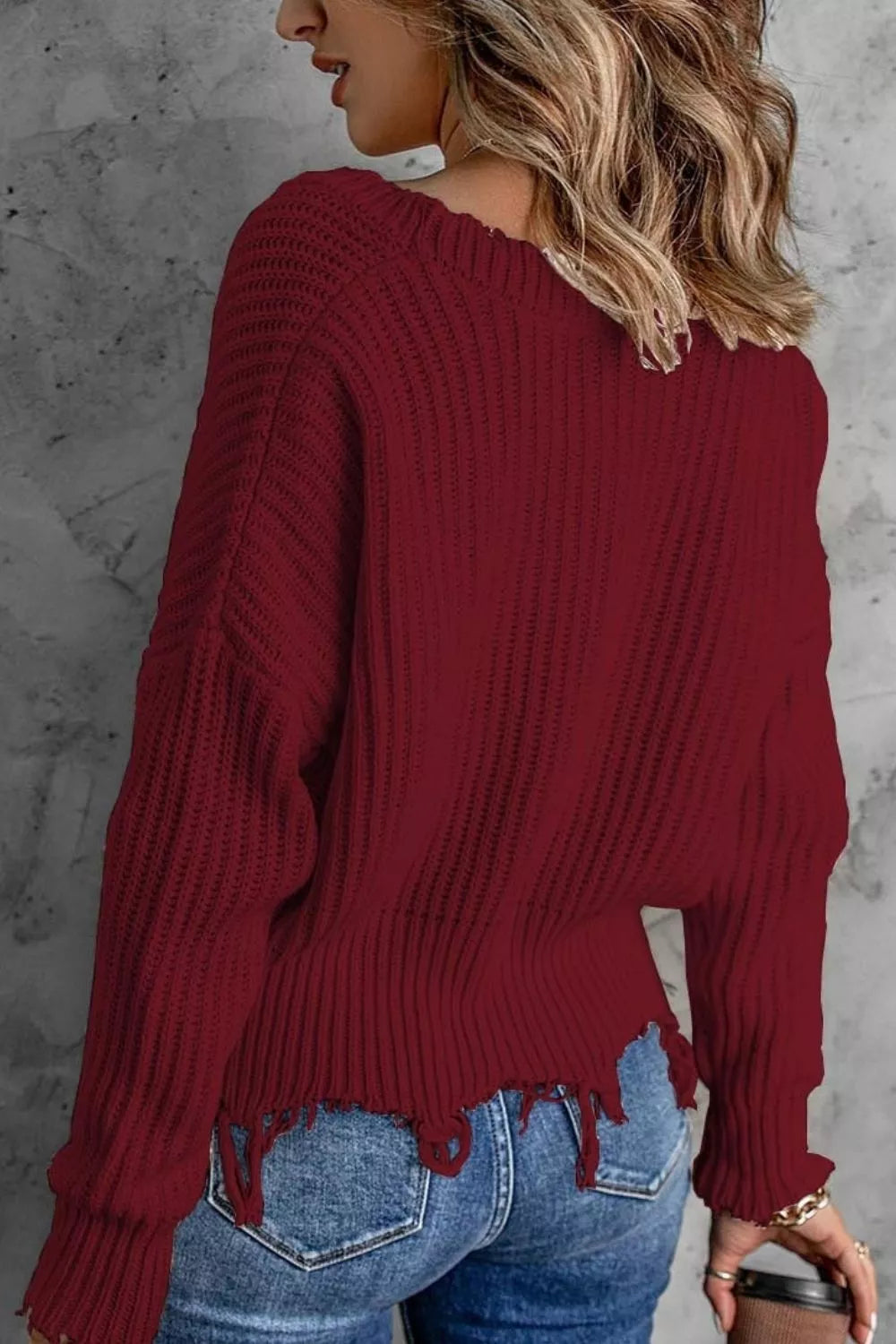Full Size Raw Hem V-Neck Sweater Plus Size
